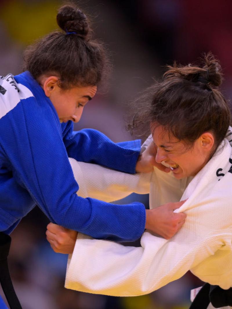 Two female judo athletes in action at Tokyo 2020