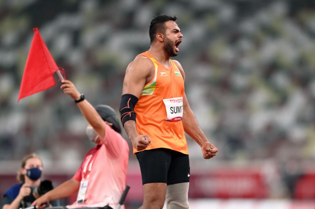  India's Sumit Antil reacts while competing in the men's Javelin Throw F64 of the Tokyo 2020 Paralympic Games at Olympic Stadium.