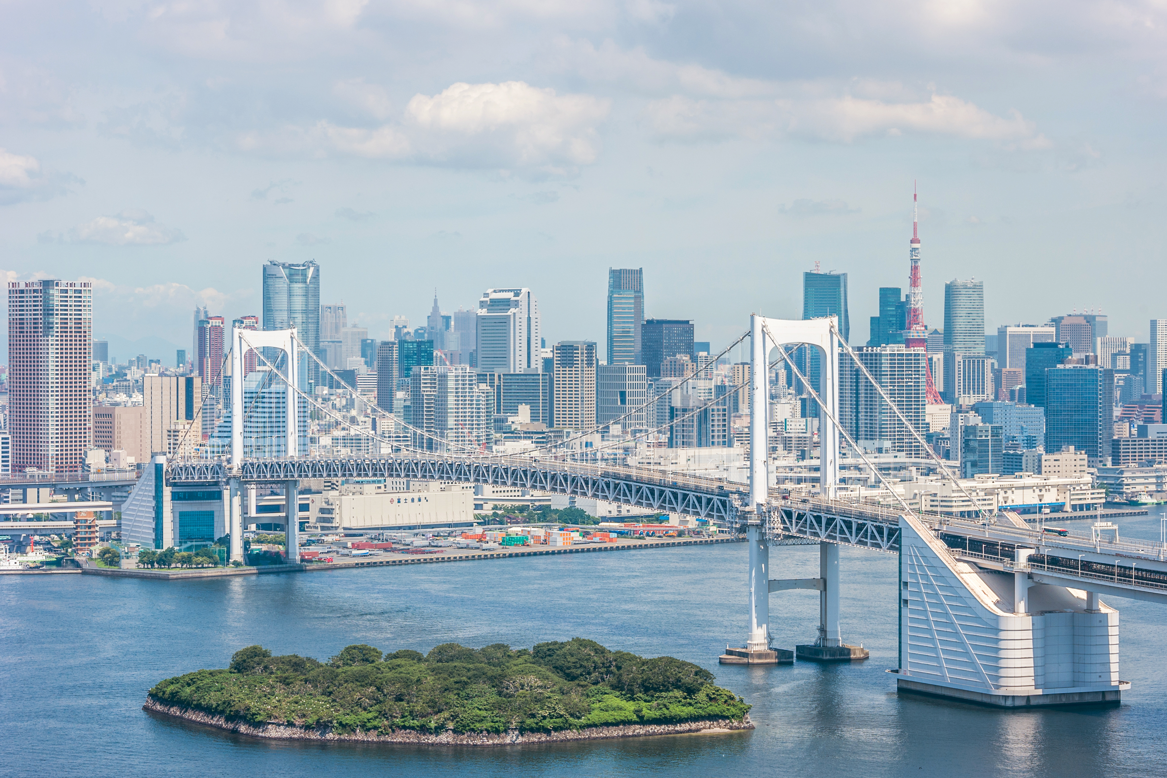 a view of the Tokyo skyline and the city's Rainbow Bridge
