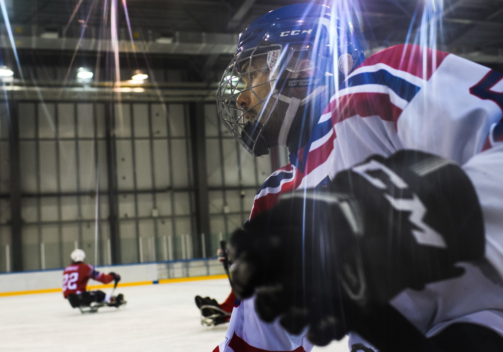 A male Para ice hockey player in an ice rink