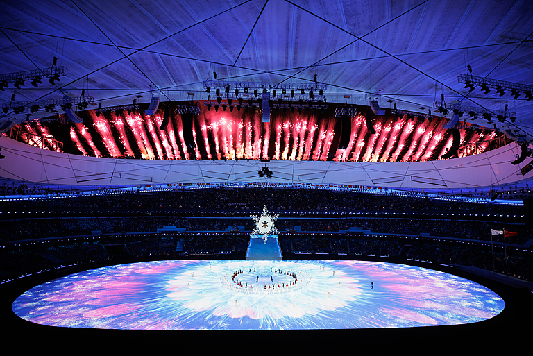 Fireworks can be seen from the inside surrounding the Birds Nest Stadium 