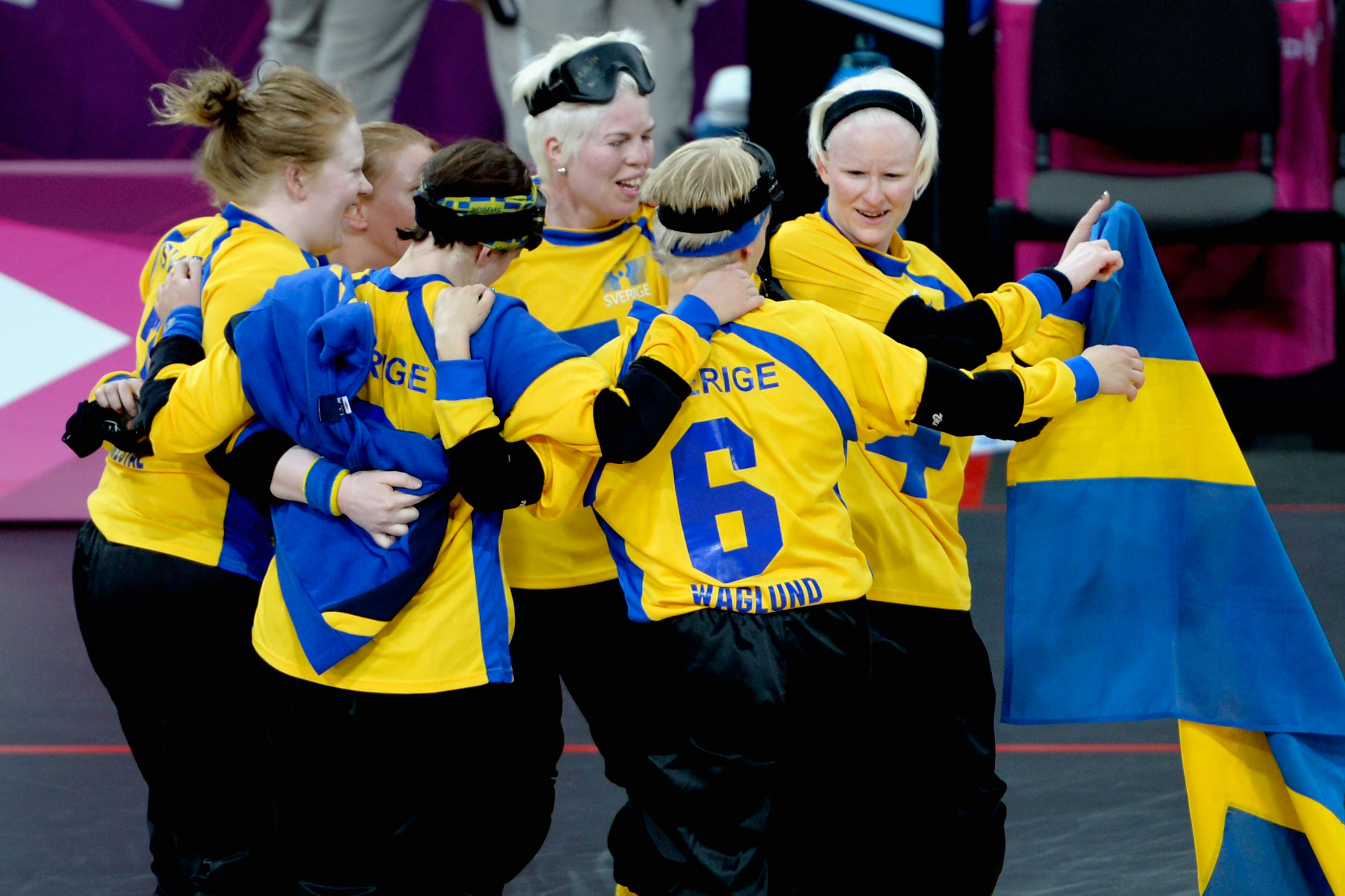 The team of Sweden celebrates after winning their Women's Team Goalball Bronze Medal match against Finland at the London 2012 Paralympic Games.