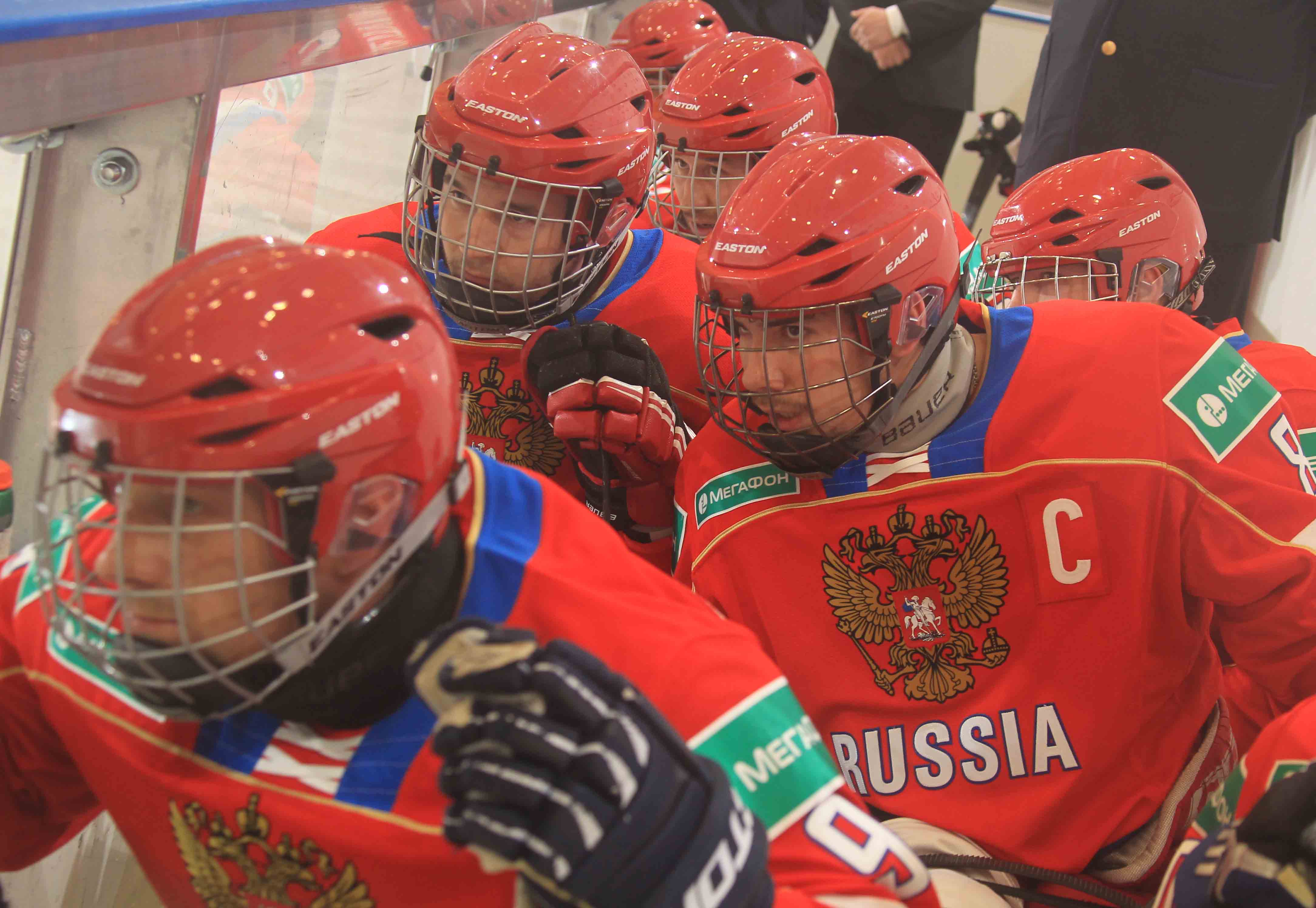 Group of ice sledge hockey players