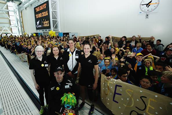 New Zealand Paralympic athletes Emma Foy, Mary Fisher, Laura Thompson, Sophie Pascoe and Michael Johnson pose for a photo during the Paralympics New Zealand Spirit of Gold campaign launch to mark '1 Year To Go' until Rio 2016 Paralympic Games
