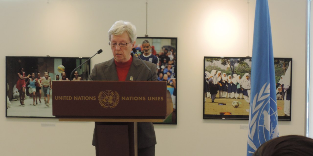 IWBF Secretary General Maureen Orchard speaks at the inauguration of the We Play Together photo exhibition.