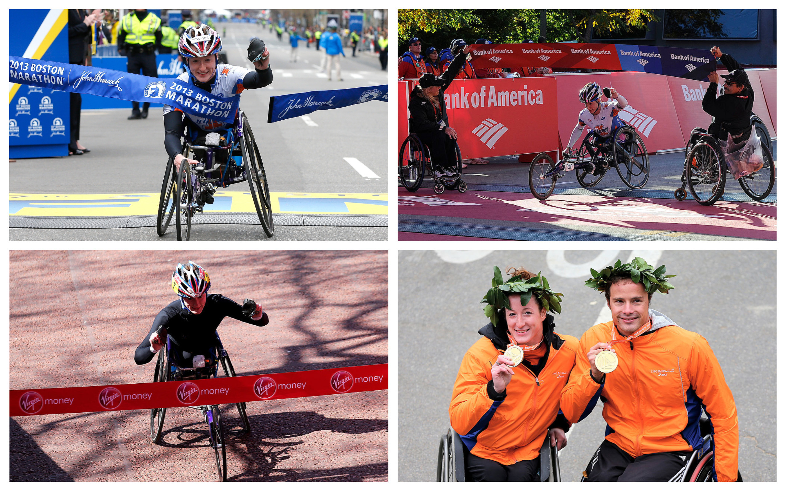 a female wheelchair racer crosses the finish line