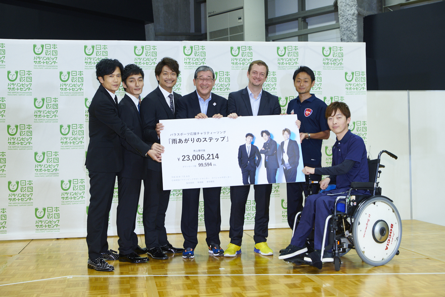 Six men standing and one in a wheelchair holding a cheque 