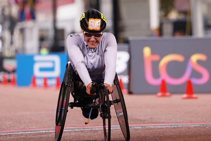 A female wheelchair racer at the London Marathon