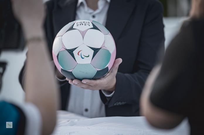 The official ball used during blind football competitions at Paris 2024. The ball features the Three Agitos logo