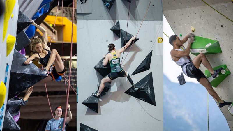 A collaged photo of three Para climbing athletes, Solenne Piret, Brian Zarzuela, and Sarah Larcombe