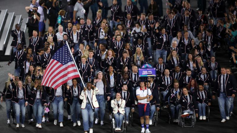 A group of Team USA athletes take part in the Athletes' Parade during the Paris 2024 Opening Ceremony