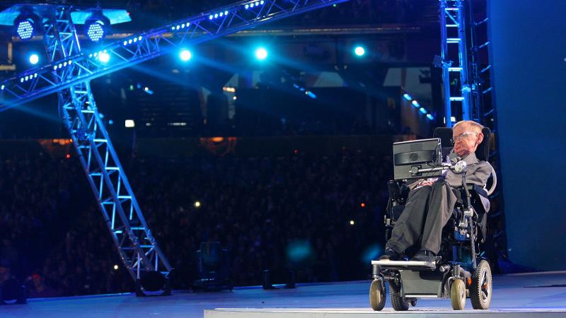 Professor Stephen Hawking gets the Opening Ceremony under way