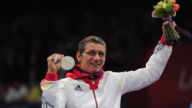 Simone Briese-Baetke of Germany wins Silver during her Womens Epee Category B on day 7 of the London 2012 Paralympic Games