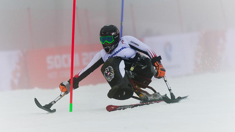 Woman on sit ski on the slopes