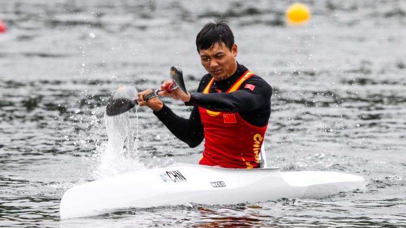 China’s Yu Xiaowei competes in the men’s KL1 200m at the 2016 ICF Canoe World Championships in Duisburg, Germany.