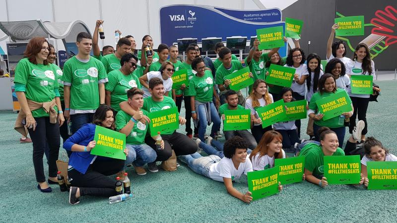 Children in the Rio 2016 Olympic Park enjoying the Paralympics as part of the #FilltheSeats campaign.