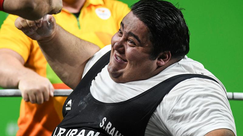 Siamand Rahman of Iran celebrates his victory on the Powerlifting - Men's +107kg Group A at Riocentro Pavillon 2