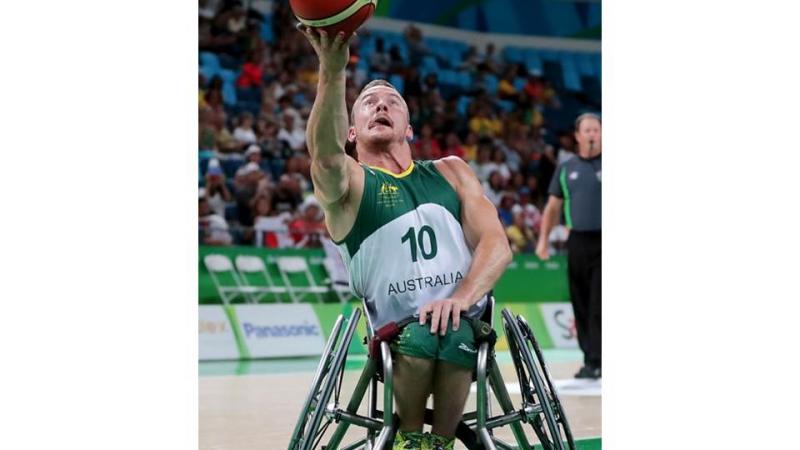 Jannik Blair of Australia in action during Men's Wheelchair Basketball match between Australia and Japan at the Rio 2016 Paralympic Games.