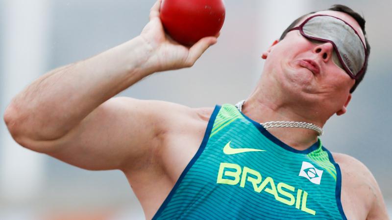 Alessandro Rodrigo da Silva of Brazil competes at men's shot put qualifying at the World Para Athletics Grand Prix in Sao Paulo, Brazil.