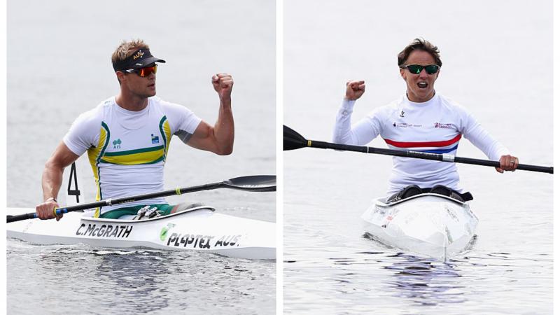 a male and a female Para canoeist celebrate on the water