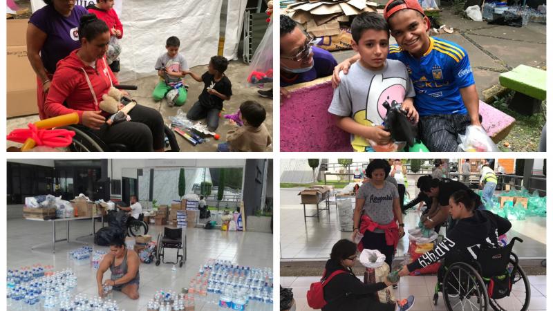 a group of Para athletes giving out toys and food to children