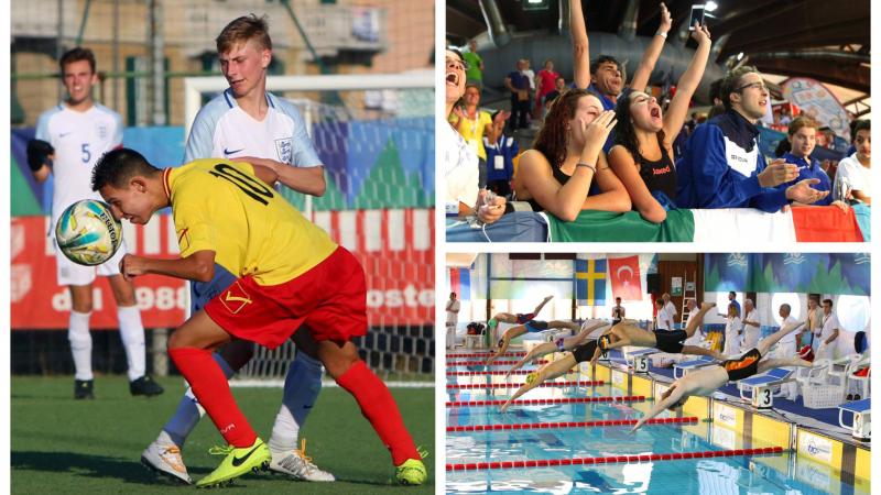 Para footballers challenge for the ball, fans cheering and Para swimmers diving into the pool