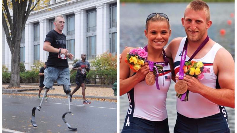 a Para athlete running and a pair of Para rowers pose on the podium with their medals