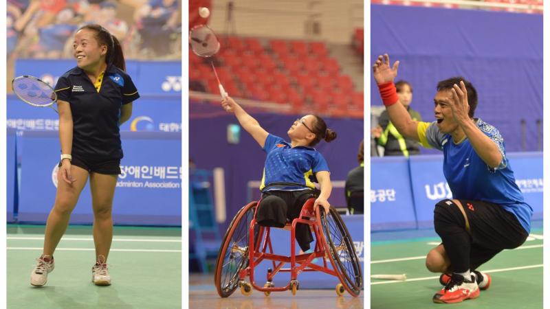 three Para badminton players celebrate on the court