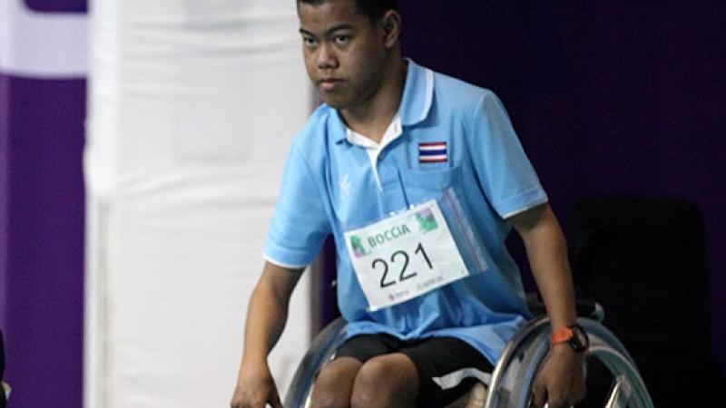 male boccia player Boontep Pachdee in a wheelchair