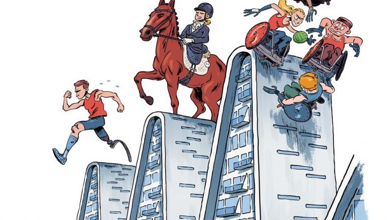 An illustration of an amputee runner, Para dressage rider on a horse and wheelchair rugby players