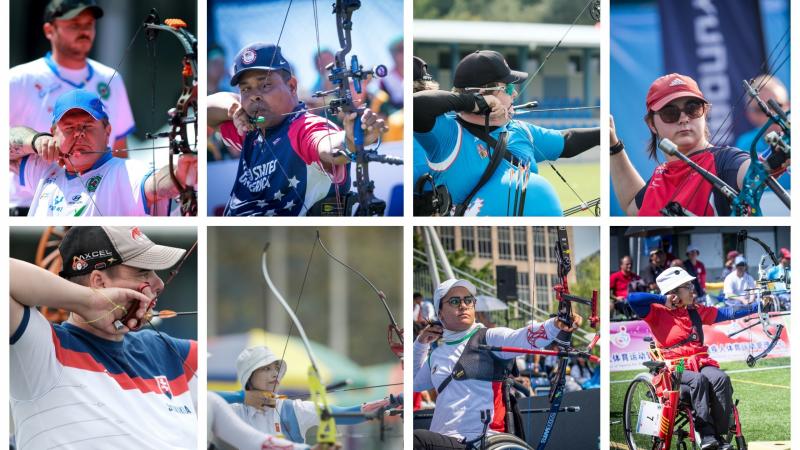 Photo collage of eight Para archers