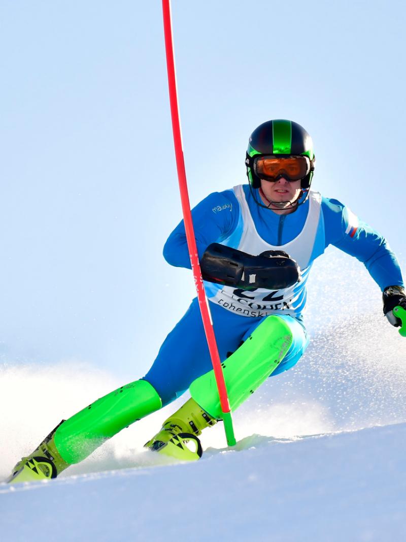Russian male skier competes in the slalom