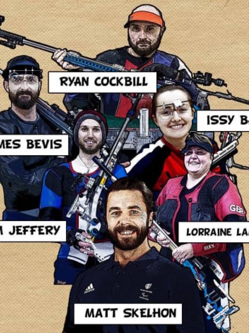 A colage with the picture of four male and two female shooters