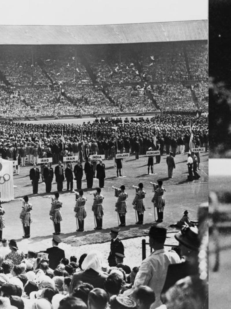 Two pictures one showing the opening ceremony of the London 1948 Olympics and the other showing a man holding a pistol