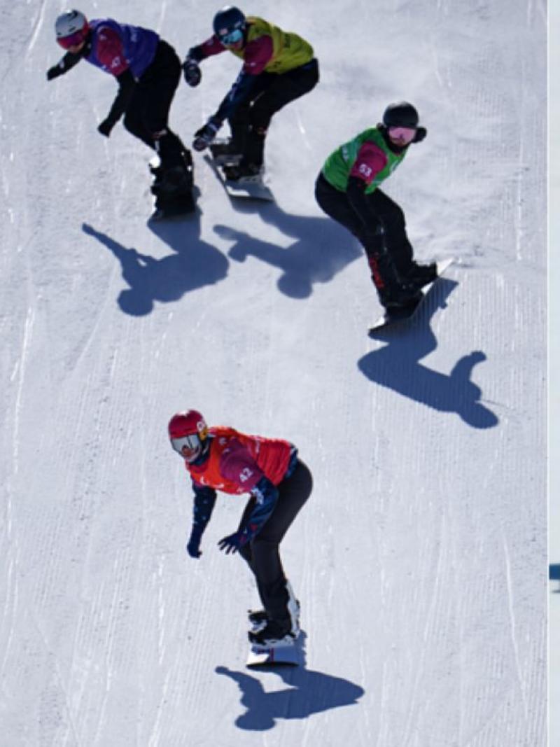 A photo collage with a female cross-country skier, four male snowboarders and a female sit-skier