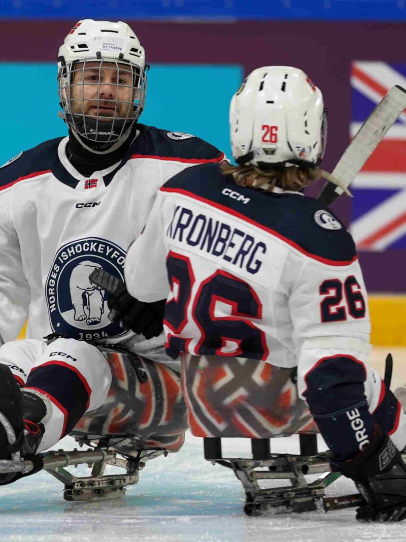Para Ice Hockey players celebrate a goal