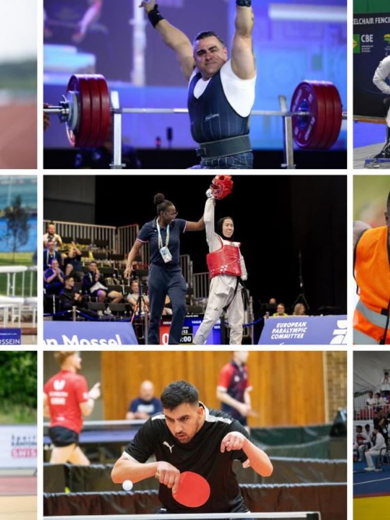 A collaged photo of eight athletes and a guide runner