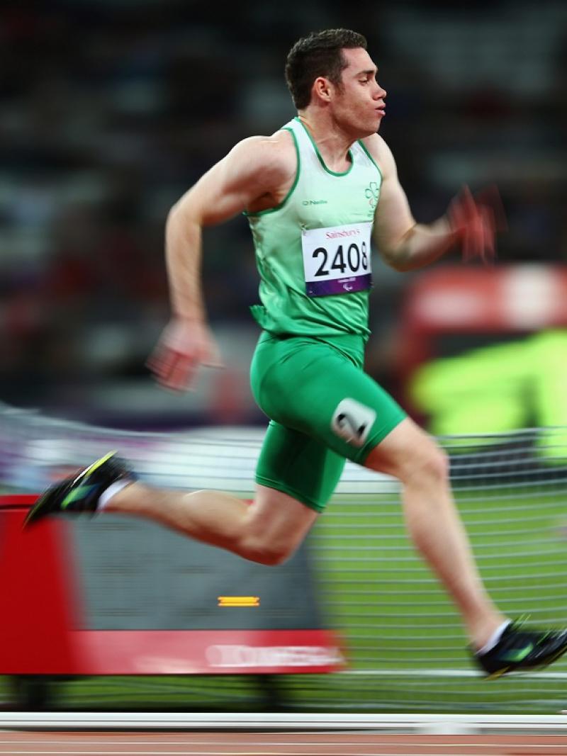 The Irish runner Jason Smyth competes in the men's 100m - T13 heats at the London 2012 Paralympic Games.