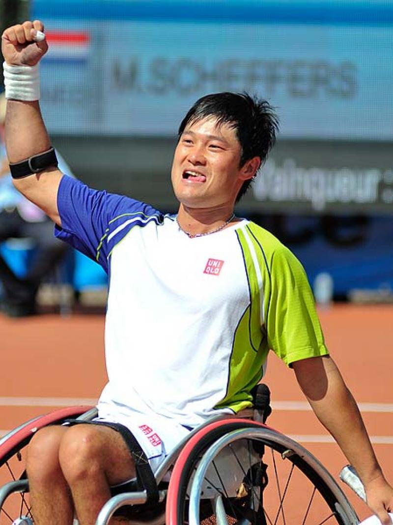 Wheelchair tennis player Shingo Kunieda of Japan celebrates