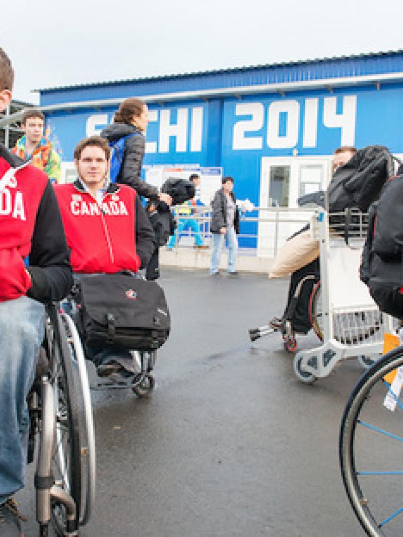 Marc Dorion and Brad Bowden from the Team Canada Sledge Hockey Team arrive in Sochi for the 2014 Paralympic Winter Games.