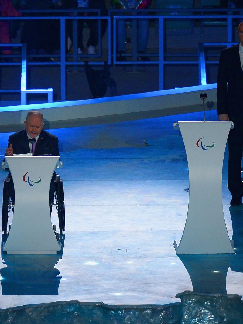 Sir Phillip Craven, IPC president speaks during the Opening Ceremony of the Sochi 2014 Paralympic Winter Games