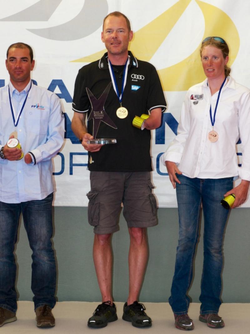 Three sailors are pictured receiving their medals on a podium.