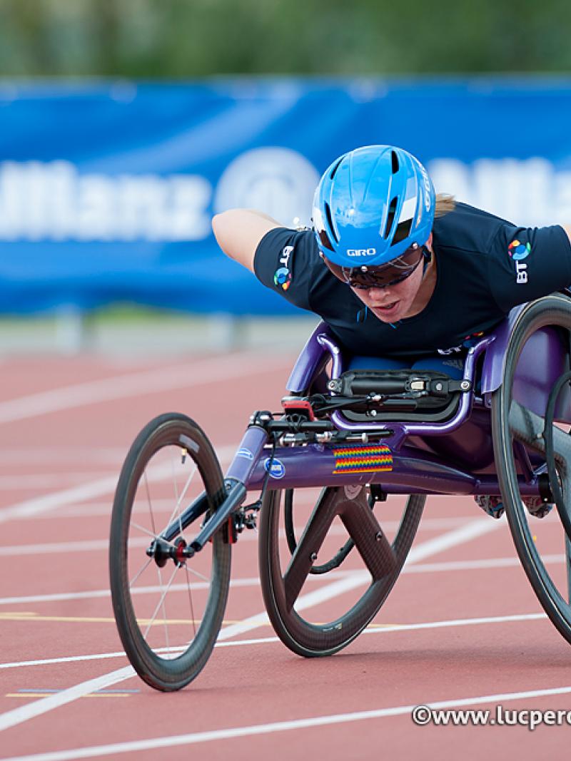 Great Britain's Hannah Cockroft on her way to a new 200m T34 world record in Nottwil, Switzerland in May 2014.