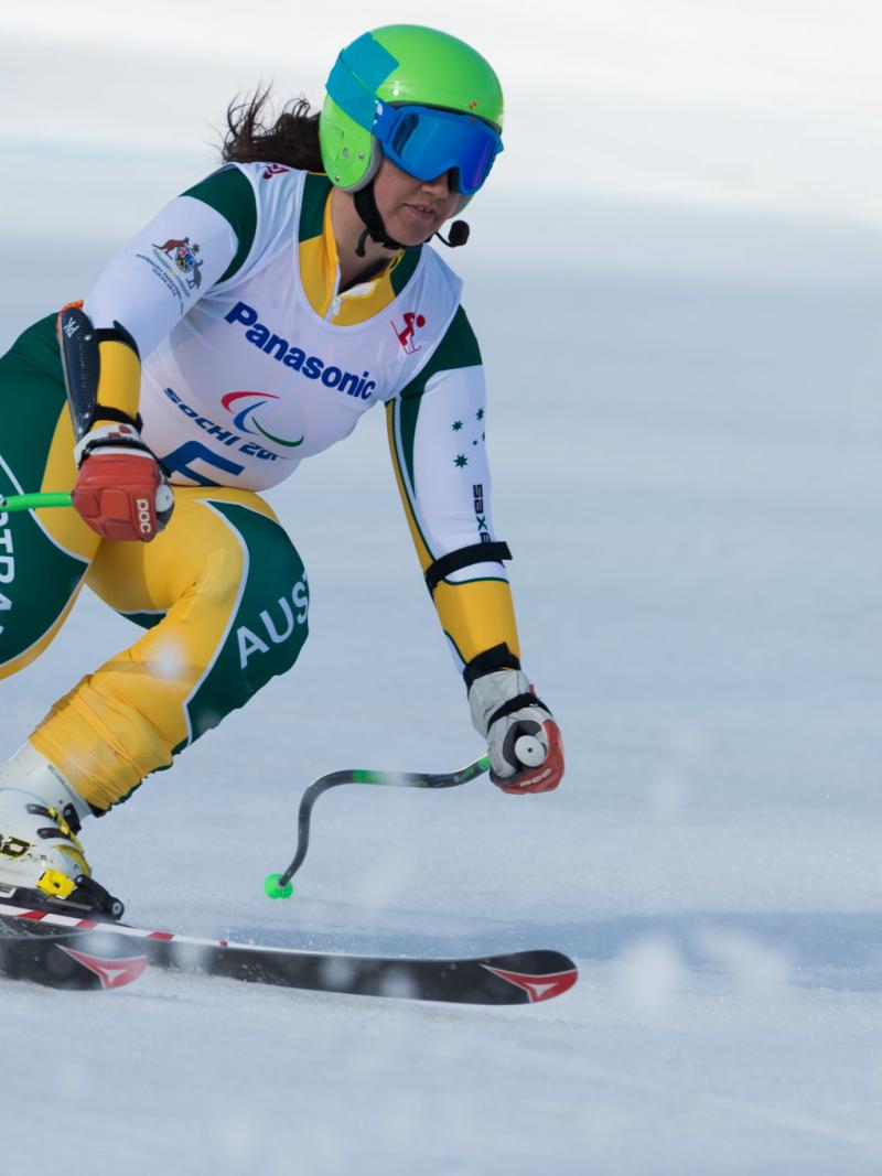 Australia's Melissa Perrine competes in the women's visually impaired super-G at the Sochi Paralympic Games 2014
