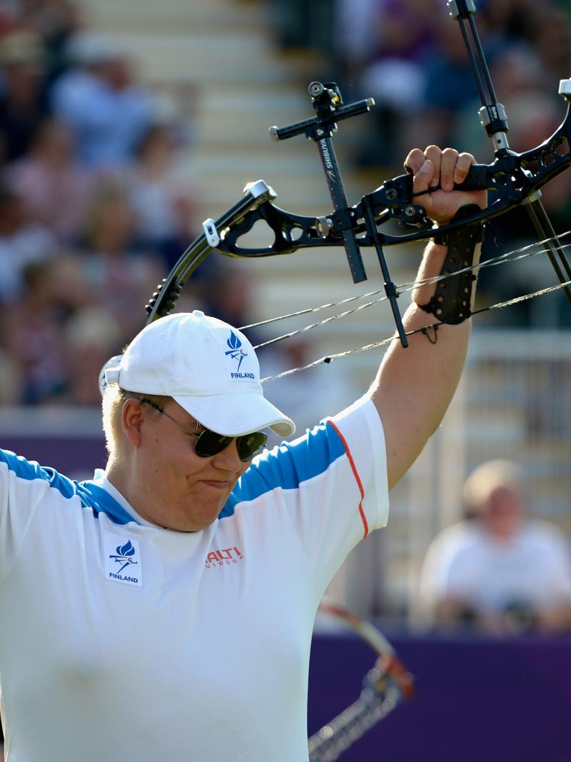 Finland's Jere Forsberg celebrates after winning the gold in the Men's Individual Compound Archery-Open at London 2012.