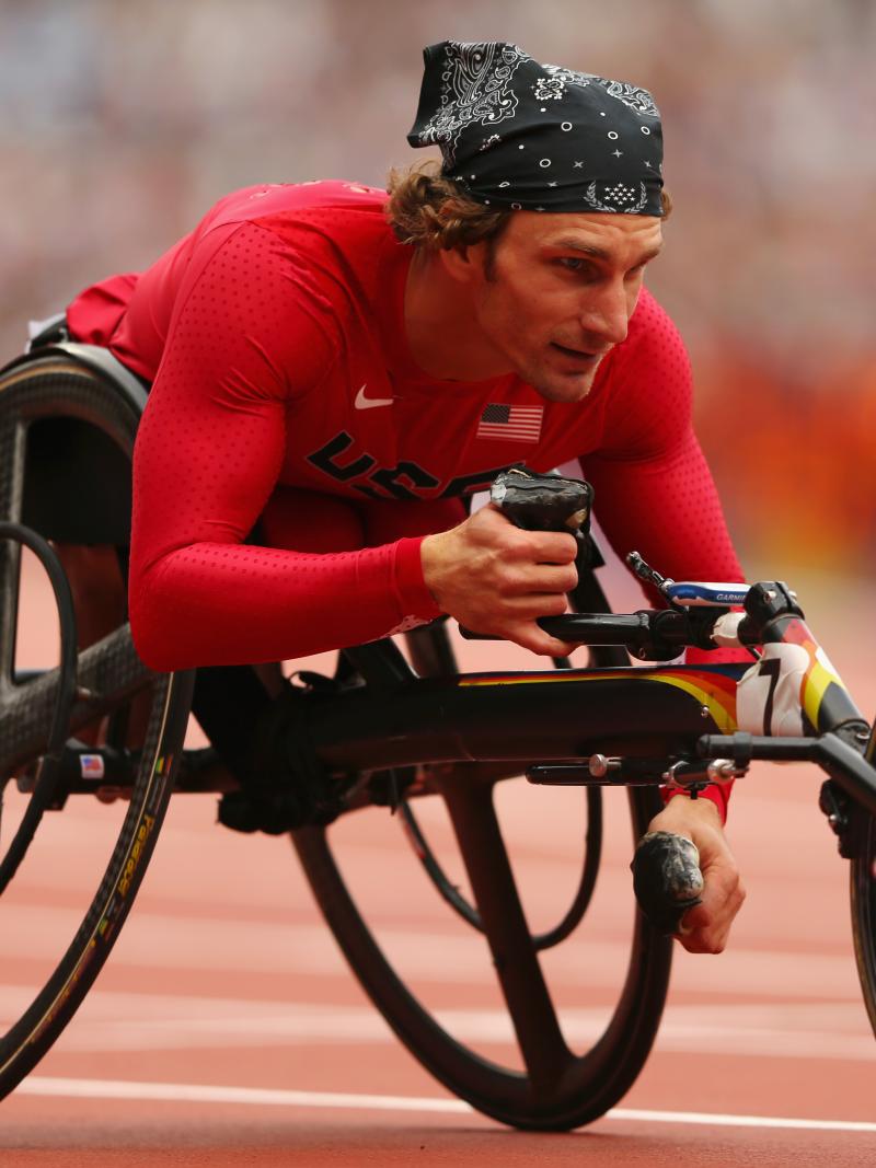 USA athlete leaning forward in his wheelchair on the track at London 2012