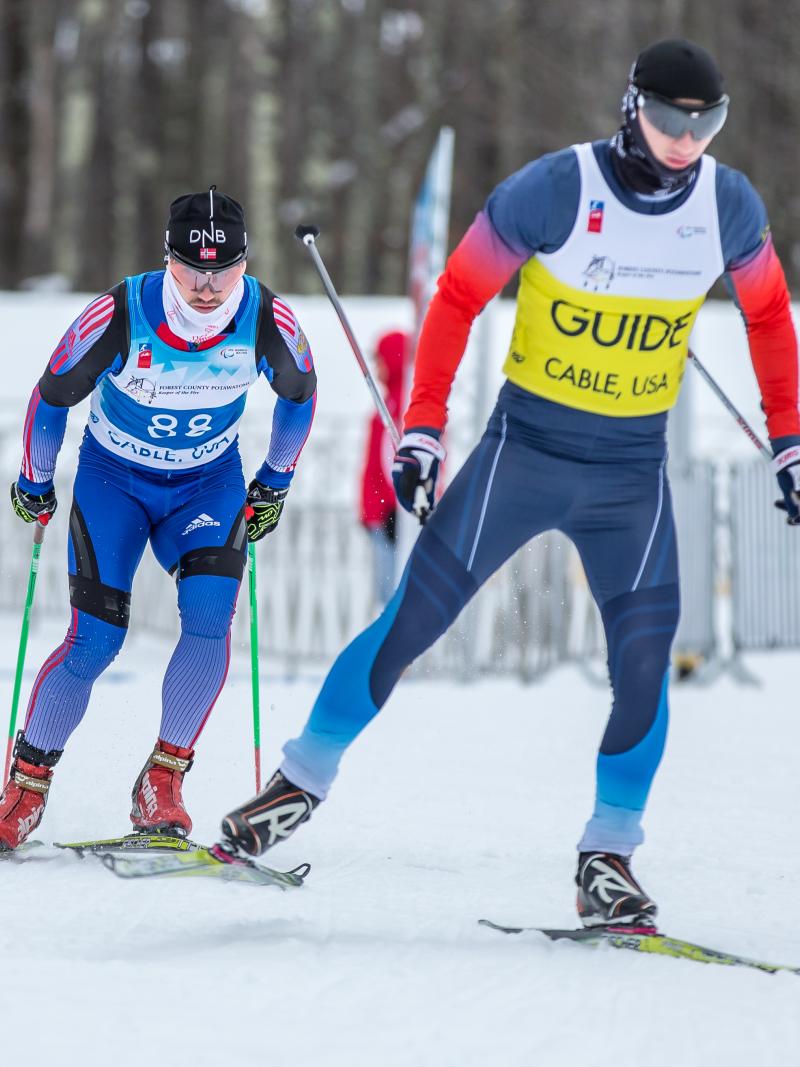 Vladimir Udaltcov and guide Ruslan Bogachev compete in the men's cross-country sprint visually impaired at Cable 2015.