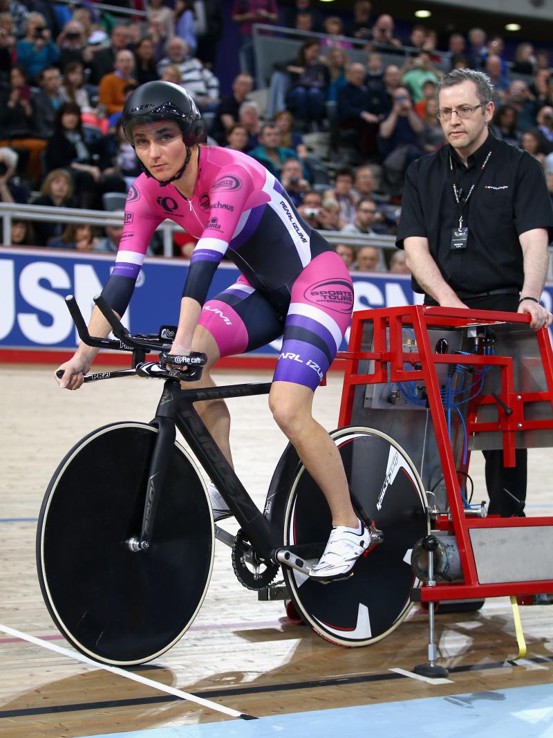 Dame Sarah Storey looks on prior to her women's hour record attempt at the Lee Valley Velodrome in London, Great Britain.