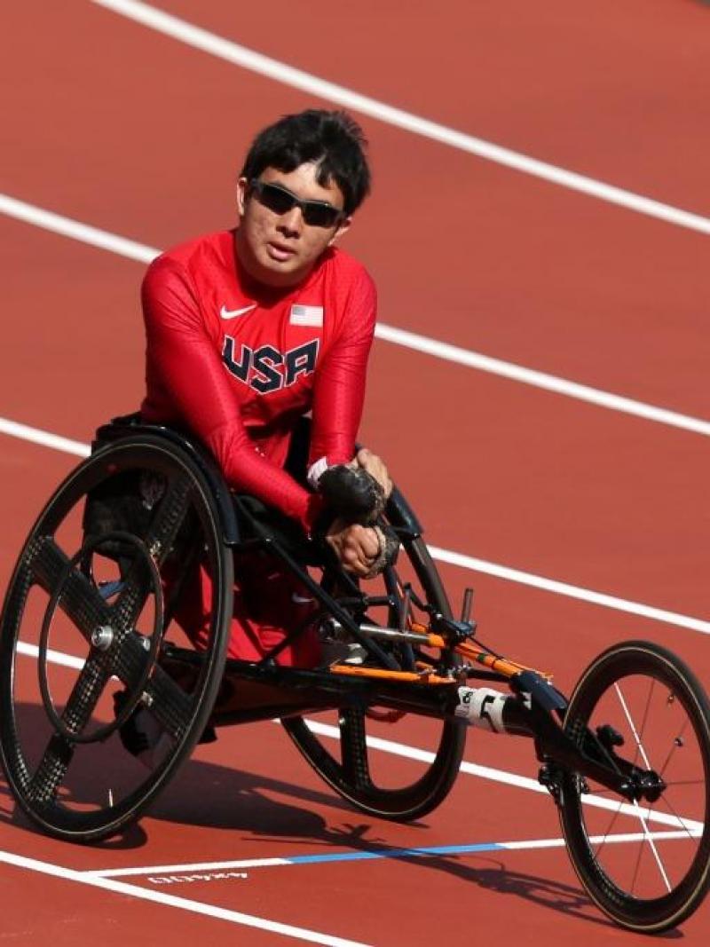 Raymond Martin of the United States competes in the Men's 400m T52 heats at the London 2012 Paralympic Games.