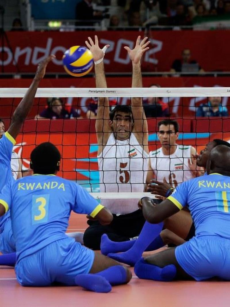 Rwanda vs Iran during their Pool B preliminary round of the Sitting Volleyball tournament at the London 2012 Paralympic Games.